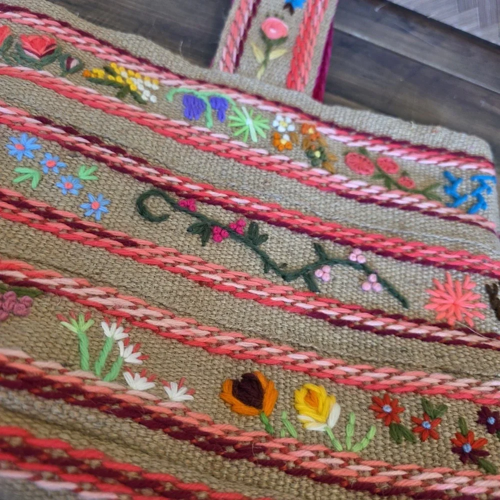 Colorful‎ Jute Burlap Bag Yarn Embroidery Boho Flowers Corduroy Lined Pocket